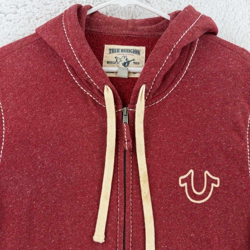True Religion Hoodie Mens Large Red Full Zip Fleece Big T Logo Sweatshirt